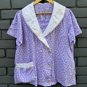 VTG Single Stitch Double Breasted Ruffle Lace Collar Silky Blouse Tunic Boho 2XL